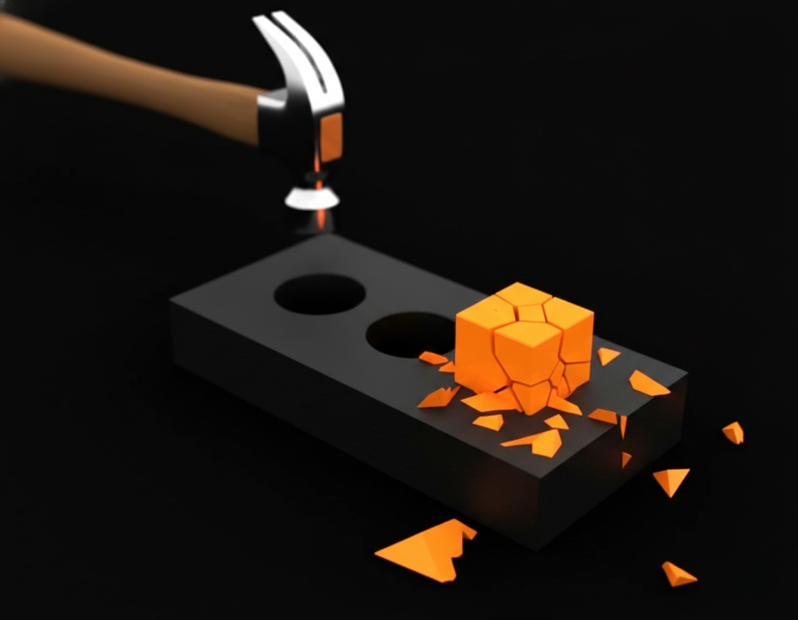 square peg being smashed into a round hole with a hammer